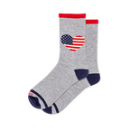 Grey crew socks featuring a heart shaped American flag pattern with stars and stripes, red cuffs, and solid navy toes.