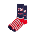 Navy crew socks with USA ALL DAY text and blue stars on the leg, featuring red and heather grey stripes across the foot.