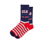 Navy crew socks with USA ALL DAY text and blue stars on the leg, featuring red and heather grey stripes across the foot.