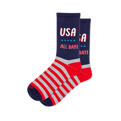 Navy crew socks with USA ALL DAY text and blue stars on the leg, featuring red and heather grey stripes across the foot.