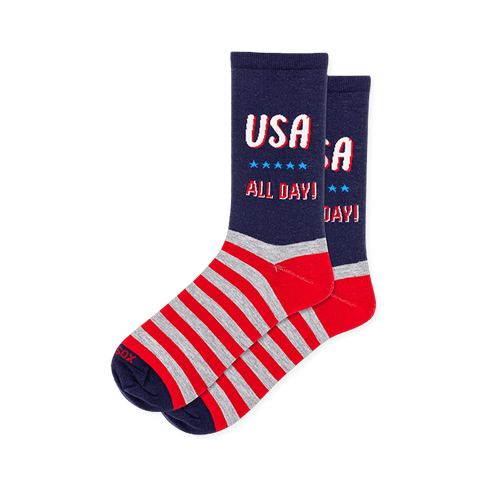 Navy crew socks with USA ALL DAY text and blue stars on the leg, featuring red and heather grey stripes across the foot. }}