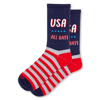 Navy crew socks with USA ALL DAY text and blue stars on the leg, featuring red and heather grey stripes across the foot.
