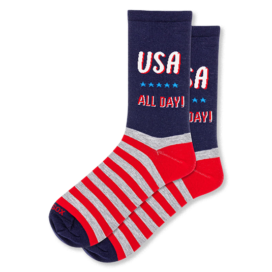 Navy crew socks with USA ALL DAY text and blue stars on the leg, featuring red and heather grey stripes across the foot. }}