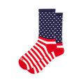 Crew socks with a US flag design. The leg is navy blue with white stars, and the foot features bold red and white stripes.