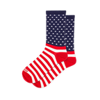Crew socks with a US flag design. The leg is navy blue with white stars, and the foot features bold red and white stripes.
