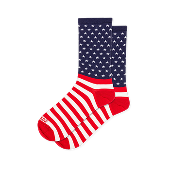 Crew socks with a US flag design. The leg is navy blue with white stars, and the foot features bold red and white stripes.