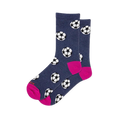 Heathered navy blue crew socks covered in black and white soccer balls with a bright hot pink heel and toe.