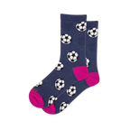 Heathered navy blue crew socks covered in black and white soccer balls with a bright hot pink heel and toe.