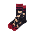 Black crew socks with detailed snails, grey trails, bright pink text, and dark red cuffs.