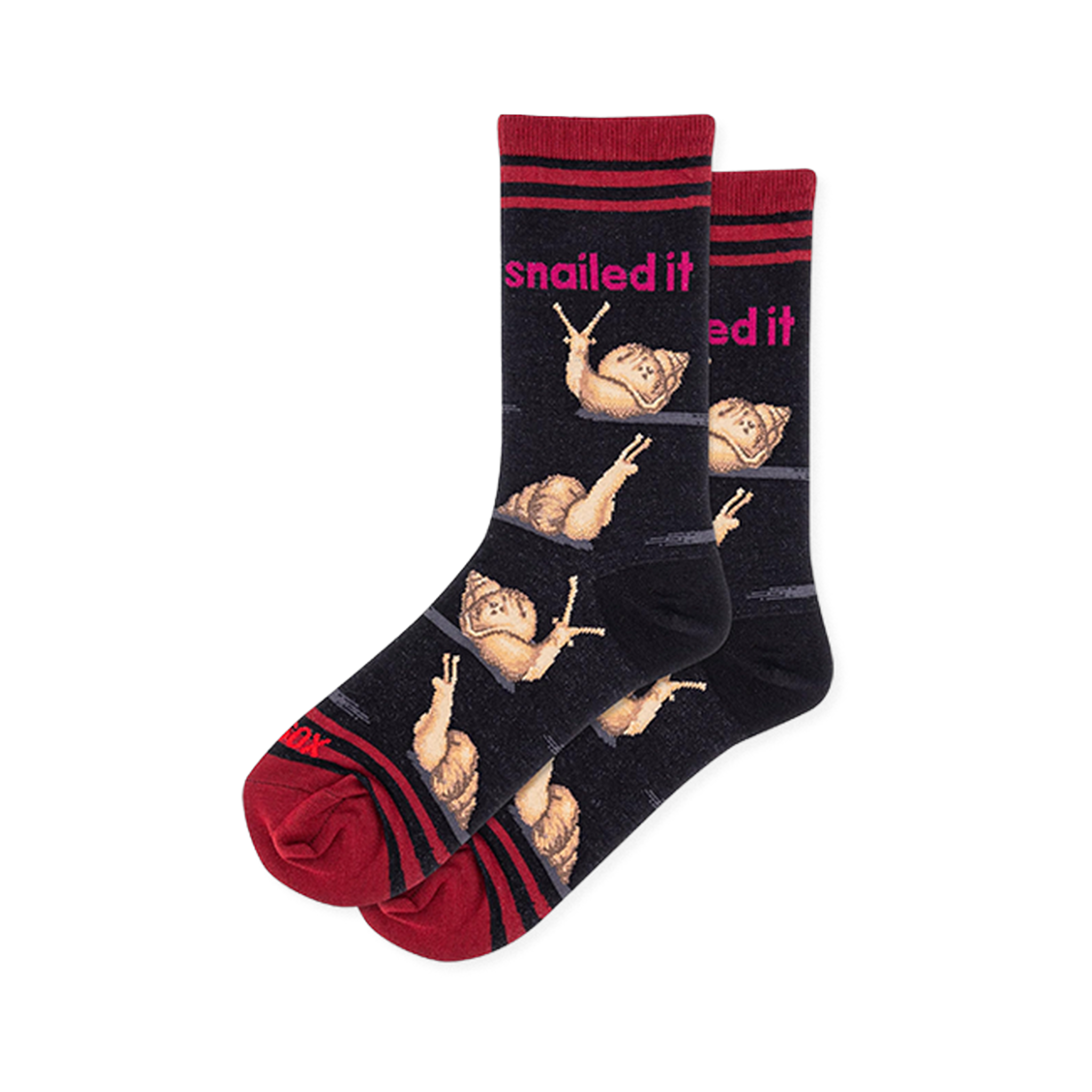 Black crew socks with detailed snails, grey trails, bright pink text, and dark red cuffs.