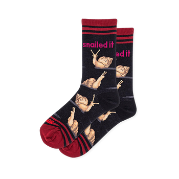 Black crew socks with detailed snails, grey trails, bright pink text, and dark red cuffs.