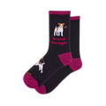 Pair of black crew socks with magenta cuffs, heels, and toes. Design features a white dog holding a stick and "branch manager" text.