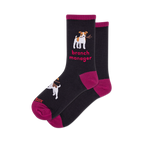 Pair of black crew socks with magenta cuffs, heels, and toes. Design features a white dog holding a stick and "branch manager" text.
