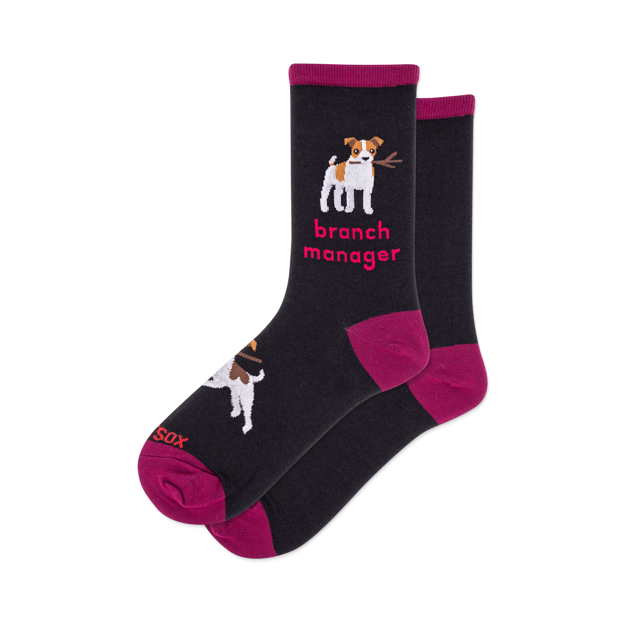 Pair of black crew socks with magenta cuffs, heels, and toes. Design features a white dog holding a stick and "branch manager" text.