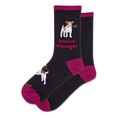 Pair of black crew socks with magenta cuffs, heels, and toes. Design features a white dog holding a stick and "branch manager" text.