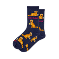 Pair of navy blue crew socks with golden retriever dogs holding martini glasses and pink 'hard licker' text.