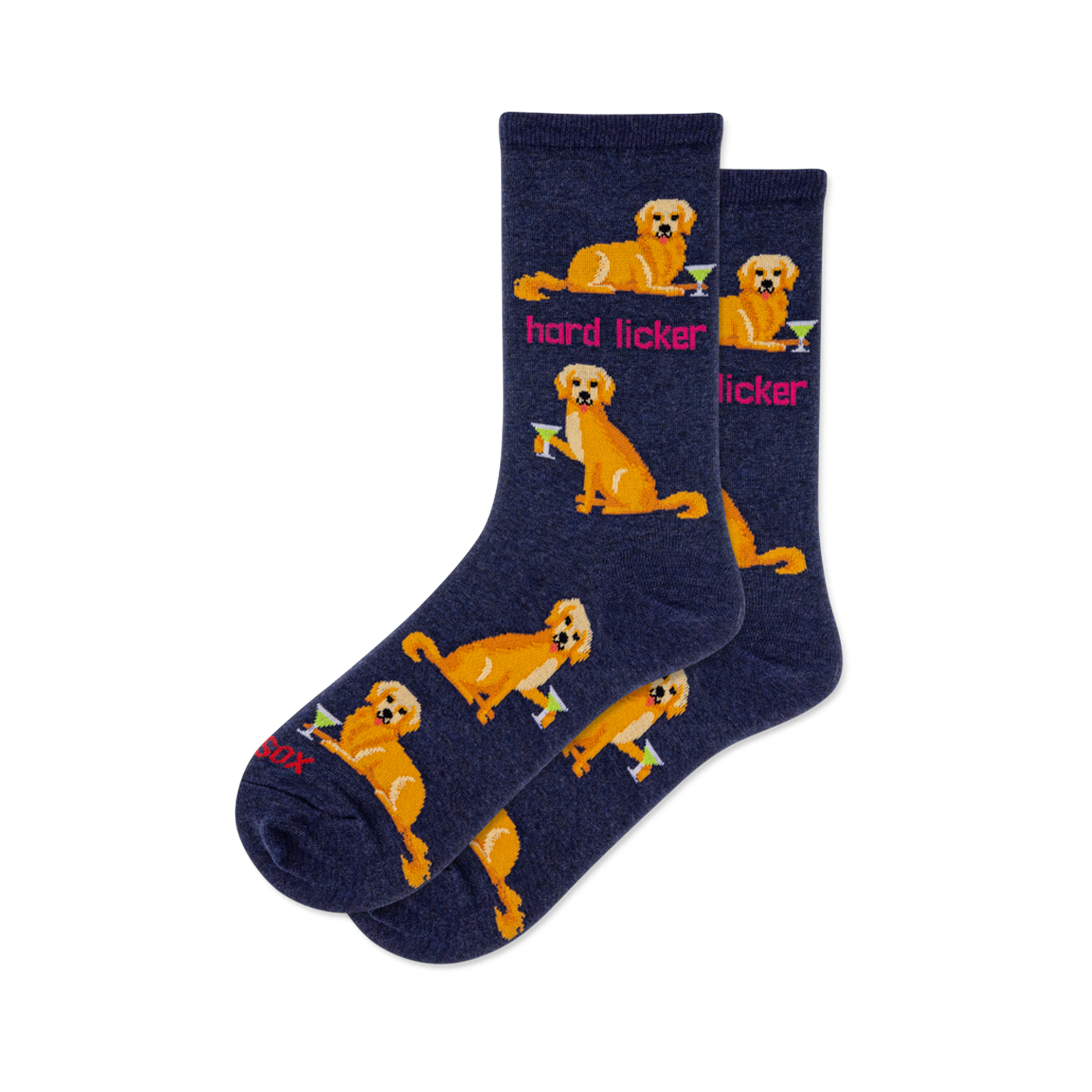 Pair of navy blue crew socks with golden retriever dogs holding martini glasses and pink 'hard licker' text.