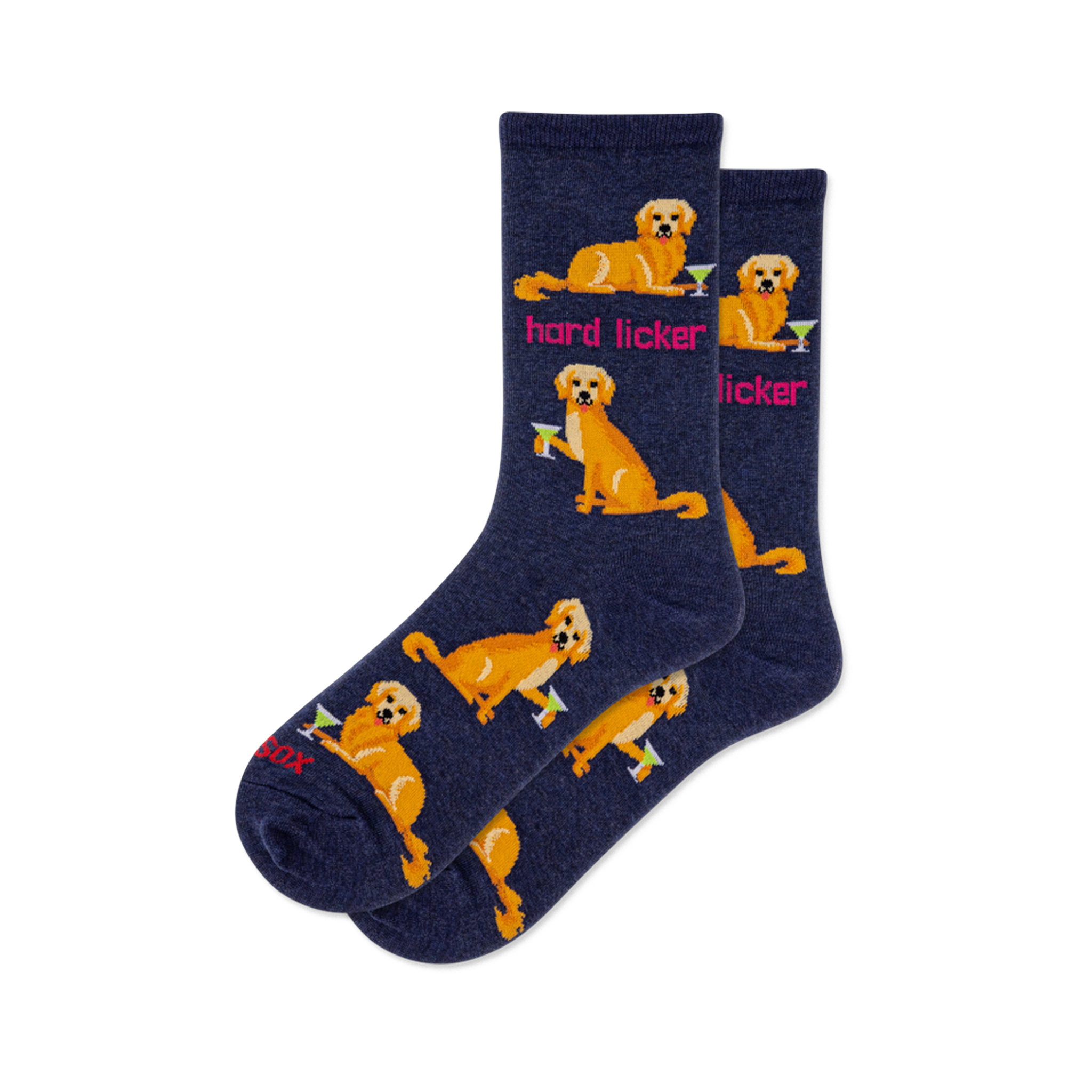 Pair of navy blue crew socks with golden retriever dogs holding martini glasses and pink 'hard licker' text.