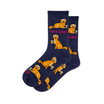 Pair of navy blue crew socks with golden retriever dogs holding martini glasses and pink 'hard licker' text.