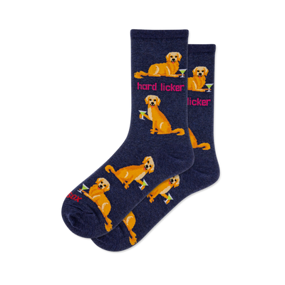 Pair of navy blue crew socks with golden retriever dogs holding martini glasses and pink 'hard licker' text.