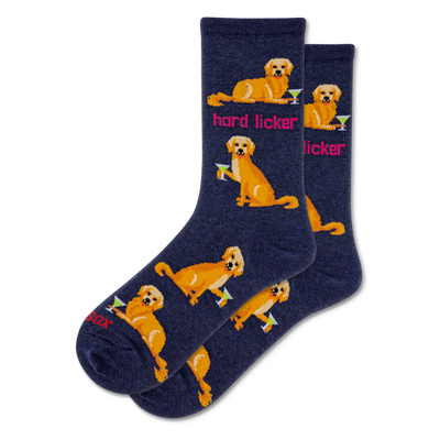 Pair of navy blue crew socks with golden retriever dogs holding martini glasses and pink 'hard licker' text.