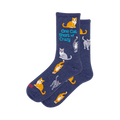 Two navy blue crew socks with a pattern of orange tabby and grey cats in various poses. One sock features text: 'One Cat Short of Crazy'.