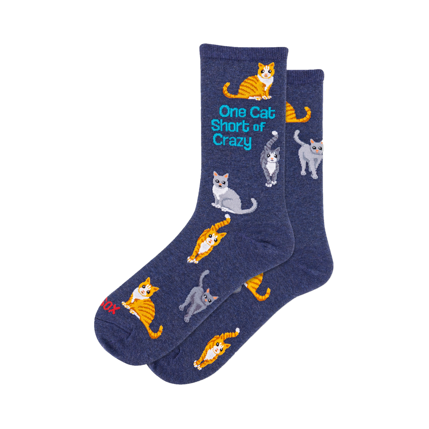 Two navy blue crew socks with a pattern of orange tabby and grey cats in various poses. One sock features text: 'One Cat Short of Crazy'.