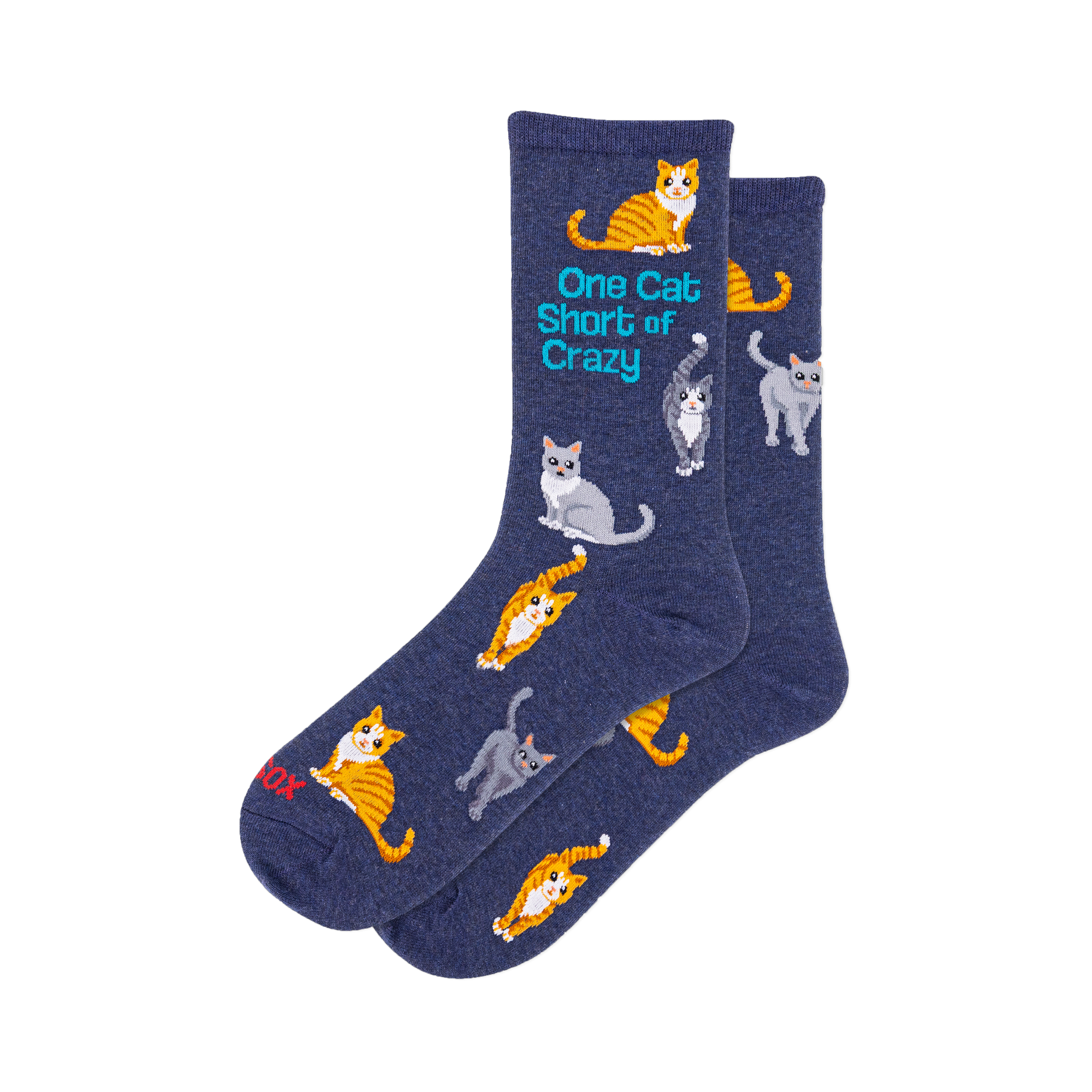 Two navy blue crew socks with a pattern of orange tabby and grey cats in various poses. One sock features text: 'One Cat Short of Crazy'.