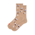 Pair of crew socks in a light brown/tan color with a repeating pattern of espresso martini cocktails topped with coffee beans.