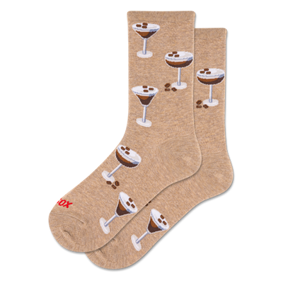 Pair of crew socks in a light brown/tan color with a repeating pattern of espresso martini cocktails topped with coffee beans.