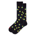 A pair of black crew socks with a repeating pattern of green olives, red pimentos, and blue cocktail picks.