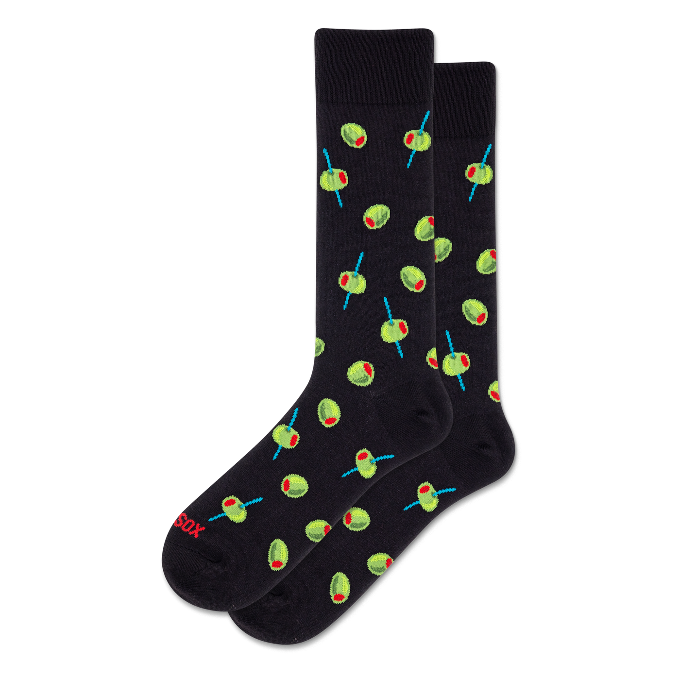 A pair of black crew socks with a repeating pattern of green olives, red pimentos, and blue cocktail picks.