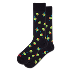 A pair of black crew socks with a repeating pattern of green olives, red pimentos, and blue cocktail picks.
