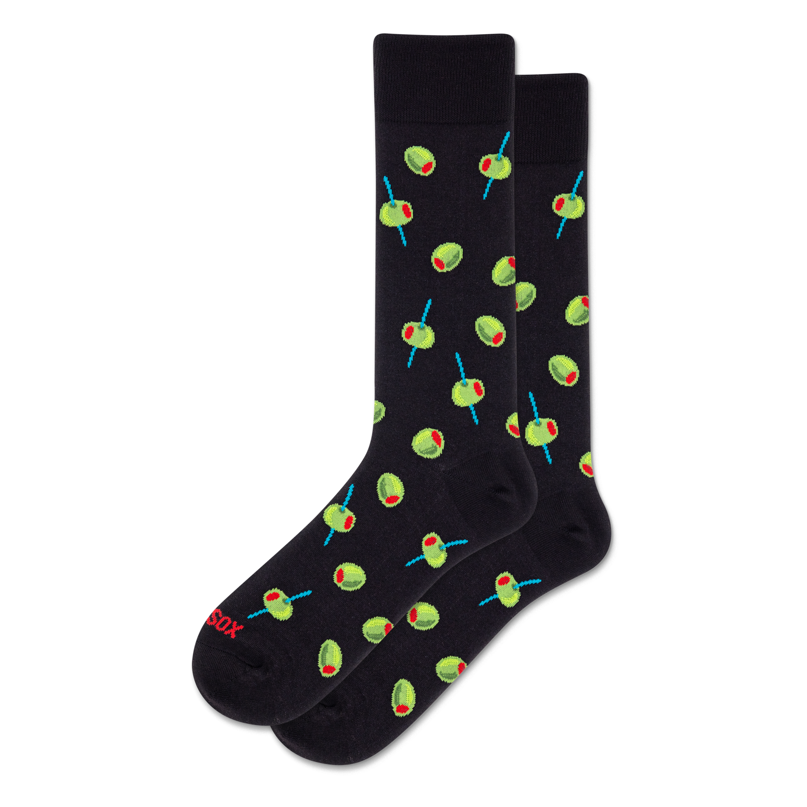 A pair of black crew socks with a repeating pattern of green olives, red pimentos, and blue cocktail picks.