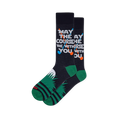 Navy socks showing May the Course Be With You text, crossed clubs, a green heel, and a white golf ball in the grass.