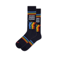Navy blue golf socks featuring white text Swing Swear Repeat above four colorful golfer silhouettes and matching stripes.