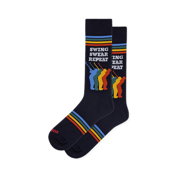 Navy blue golf socks featuring white text Swing Swear Repeat above four colorful golfer silhouettes and matching stripes.