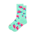 Mint green crew socks covered in a scattered pattern of bright pink hibiscus flowers with yellow centers and teal leaves.