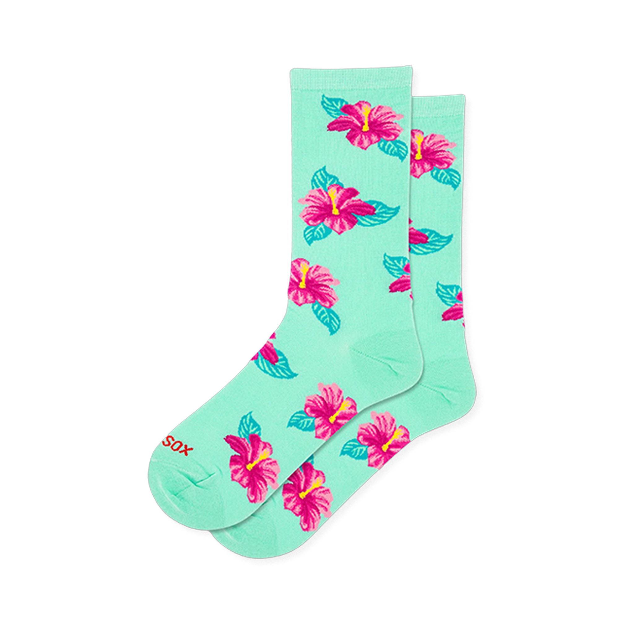 Mint green crew socks covered in a scattered pattern of bright pink hibiscus flowers with yellow centers and teal leaves.