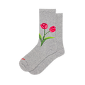 Heather grey crew socks featuring a detailed graphic of two bright red tulips with green stems on the side.