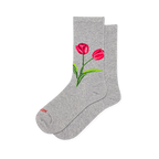 Heather grey crew socks featuring a detailed graphic of two bright red tulips with green stems on the side.