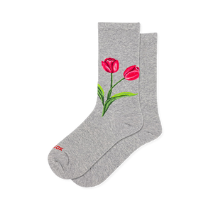 Heather grey crew socks featuring a detailed graphic of two bright red tulips with green stems on the side.