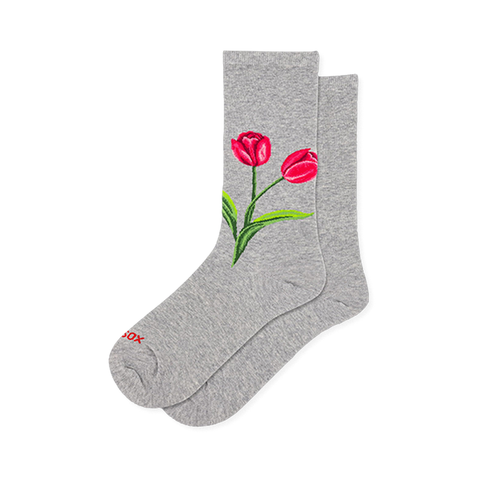 Heather grey crew socks featuring a detailed graphic of two bright red tulips with green stems on the side.