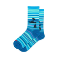 Blue striped crew socks featuring a black silhouette of a tropical island with palm trees and a small sailboat.