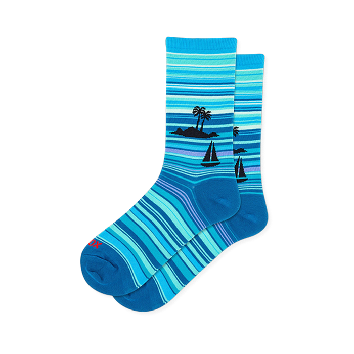 Blue striped crew socks featuring a black silhouette of a tropical island with palm trees and a small sailboat. }}