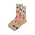 Light tan crew socks featuring a bright pattern of vivid blue starfish, neon pink sea shells, and colorful conches.