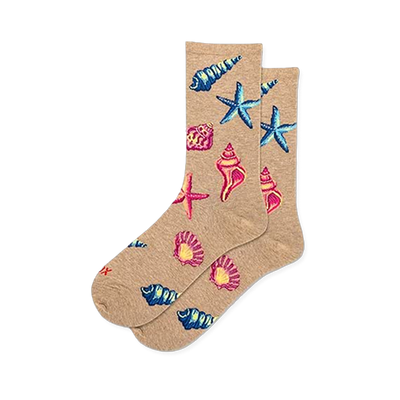 Light tan crew socks featuring a bright pattern of vivid blue starfish, neon pink sea shells, and colorful conches.