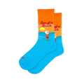 Bright blue and orange crew socks showing a woman in a pink bikini and white hat wading in the water below a setting sun.