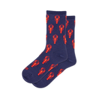 Navy blue crew socks covered in a neat, repeating pattern of bright red lobsters, complete with solid navy cuffs and toes.