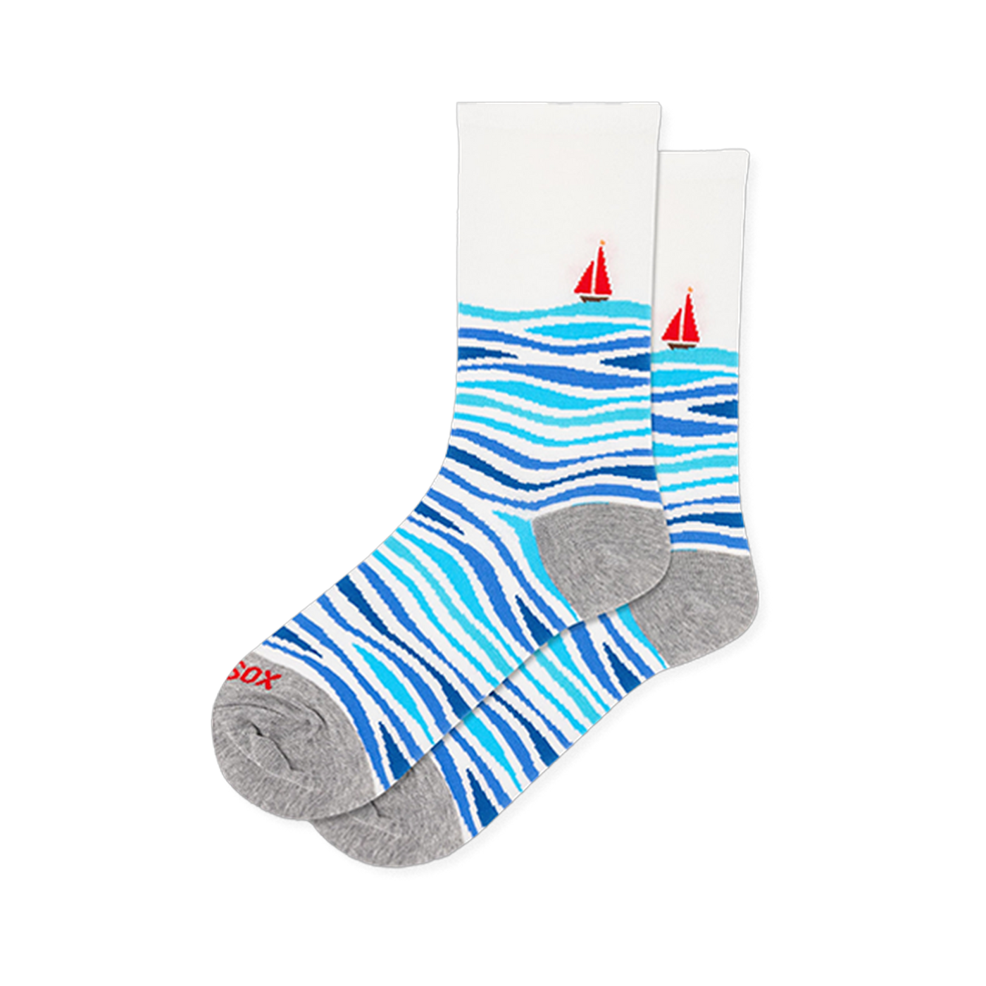 White crew socks featuring wavy light and dark blue stripes on the foot and a red sailboat on the calf, with a grey heel.